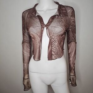 Sheer Marble Print Open Front Blouse Retro Y2k Size Small Long Sleeve